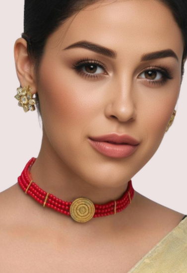 Bold Elegance Red Beaded Necklace with Ornate Gold Medallion