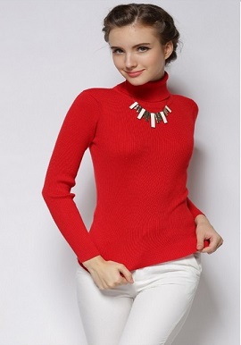 Women's Hot Cashmere Ribbed High Neck Red Sweater