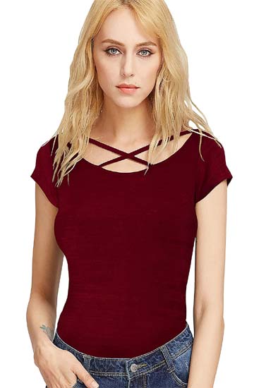 Plain Color Designer Scoop Neck Short Sleeve Tee T-Shirt for Girls