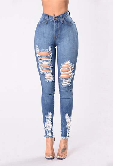 Women Fashion High Waist Solid Color Elegant Ripped Jeans
