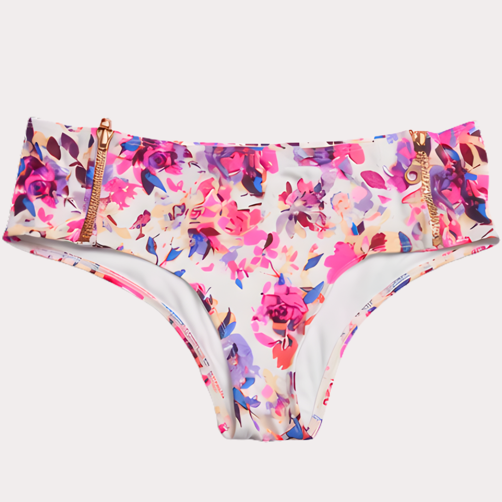 Floral Print Bikini Bottom for Women – Gold Zip Detail Swimwear Bottom