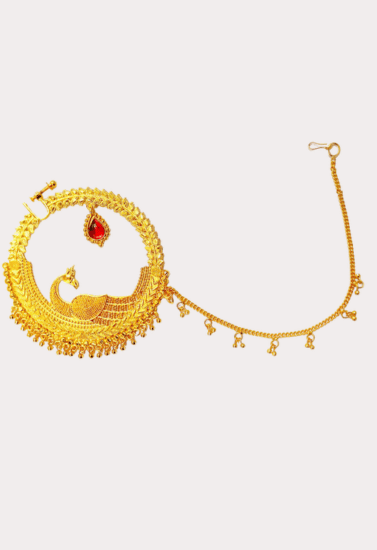 Royal Peacock Bridal Nath with Red Stone and Chain – Gold-Toned Traditional Nose Ring