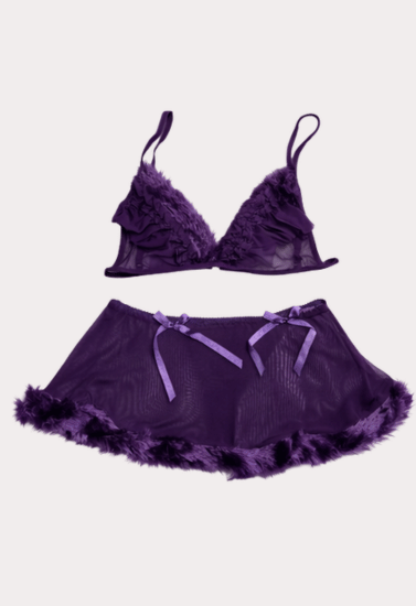 Royal Plum Feather Trim Sheer Lingerie Set with Skirt