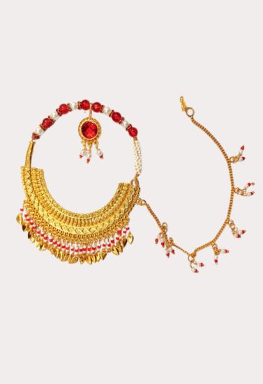 Royal Red Beaded Bridal Nath with Chain – Traditional Gold-Toned Nose Ring
