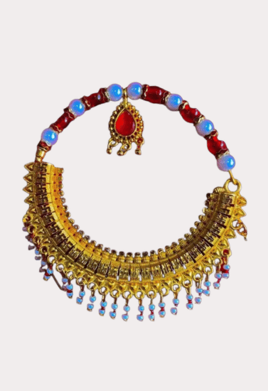 Royal Red Beaded Traditional Nath with Temple Design Pendant