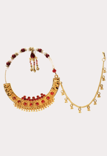 Royal Red Stone Bridal Nath with Chain – Gold-Toned Traditional Nose Ring
