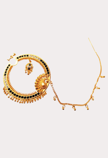 Royal Sun Motif Bridal Nath with Chain – Gold-Toned Black Stone Traditional Nose Ring