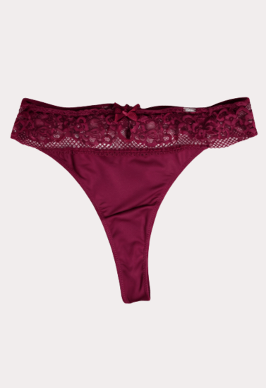 Wine Red Lace Thong Panty with Bow Detail – Soft Satin Finish