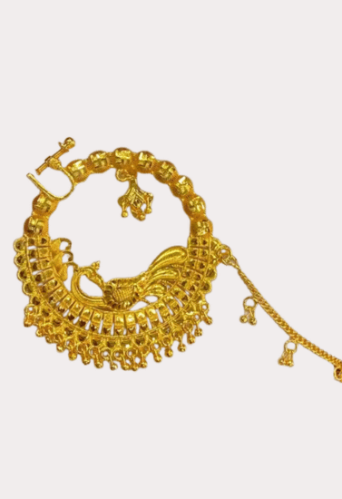 Royal Peacock Design Gold-Plated Bridal Nath with Chain